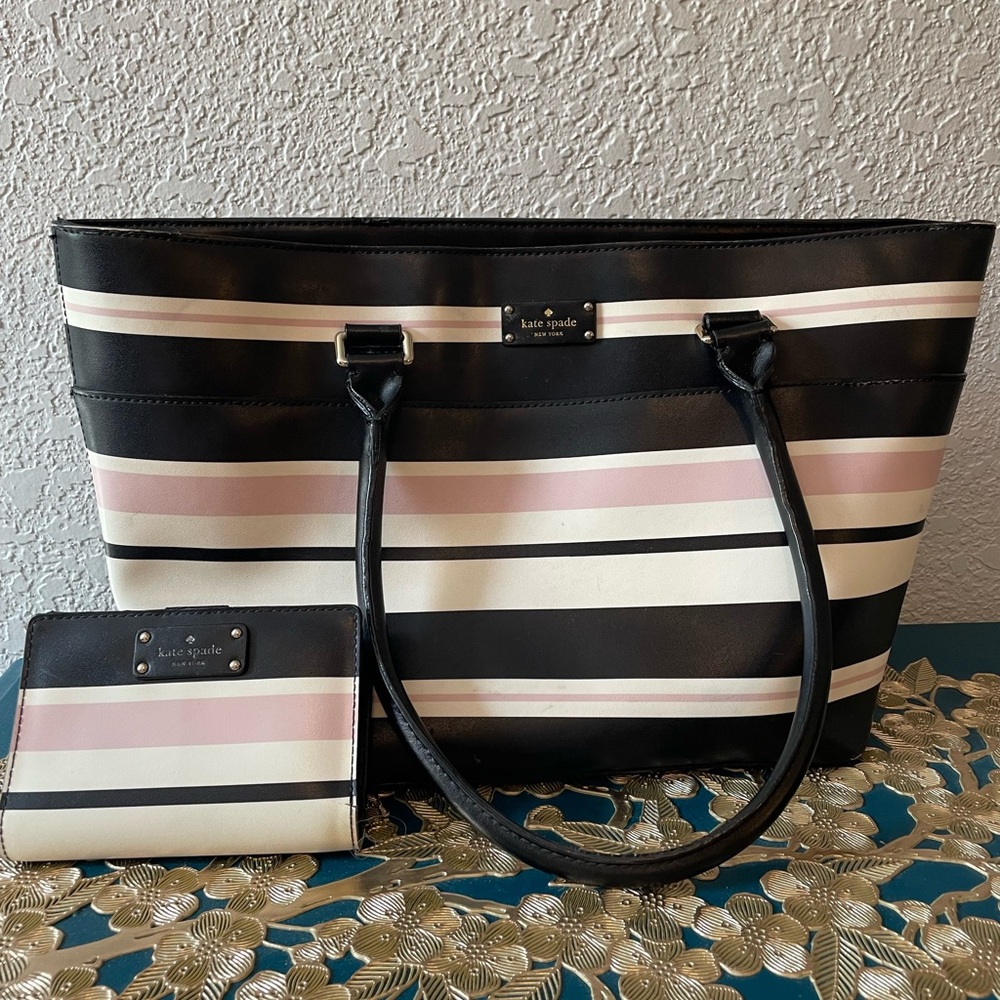 Kate Spade Black and Pink Striped Tote Bag with matching wallet